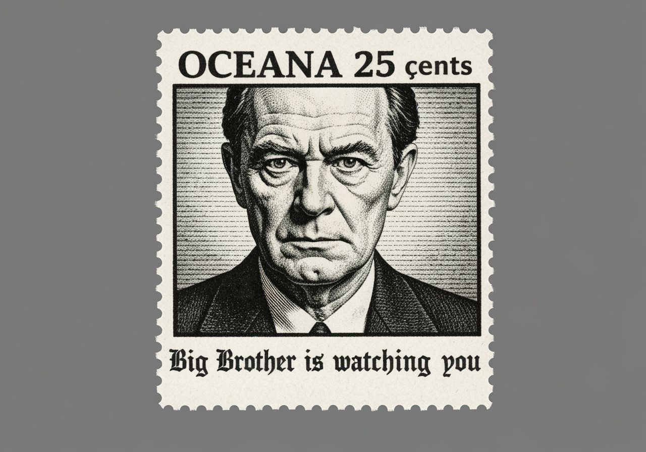 1984 Big Brother Postage Stamp: Dystopian Art