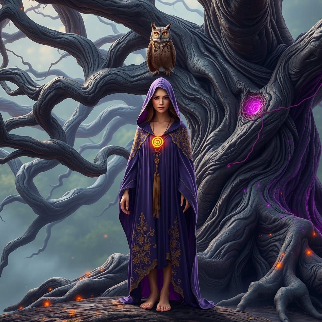 Ethereal Woman Beside Ancient Magic Tree in Vibrant, Fantasy...