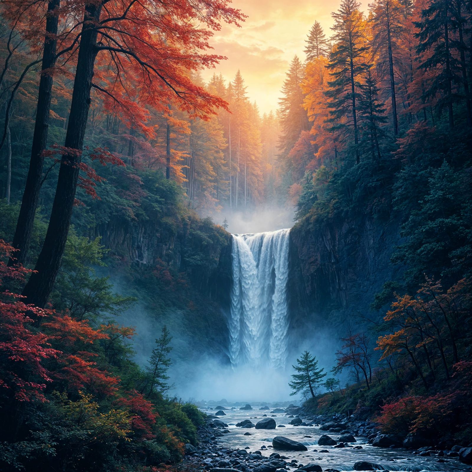 Vivid Landscape Masterpiece: Forest Waterfall Splendor