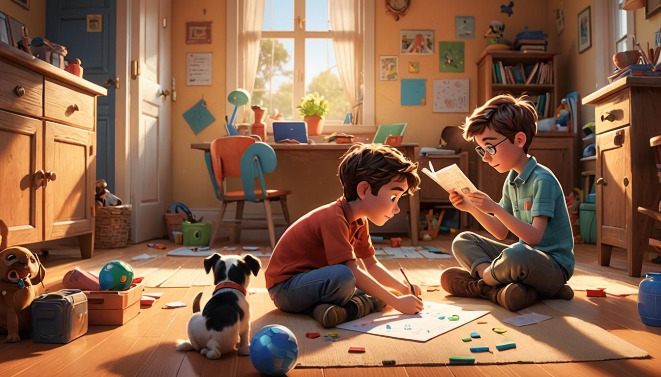 Children Doing Homework in Pixar Style