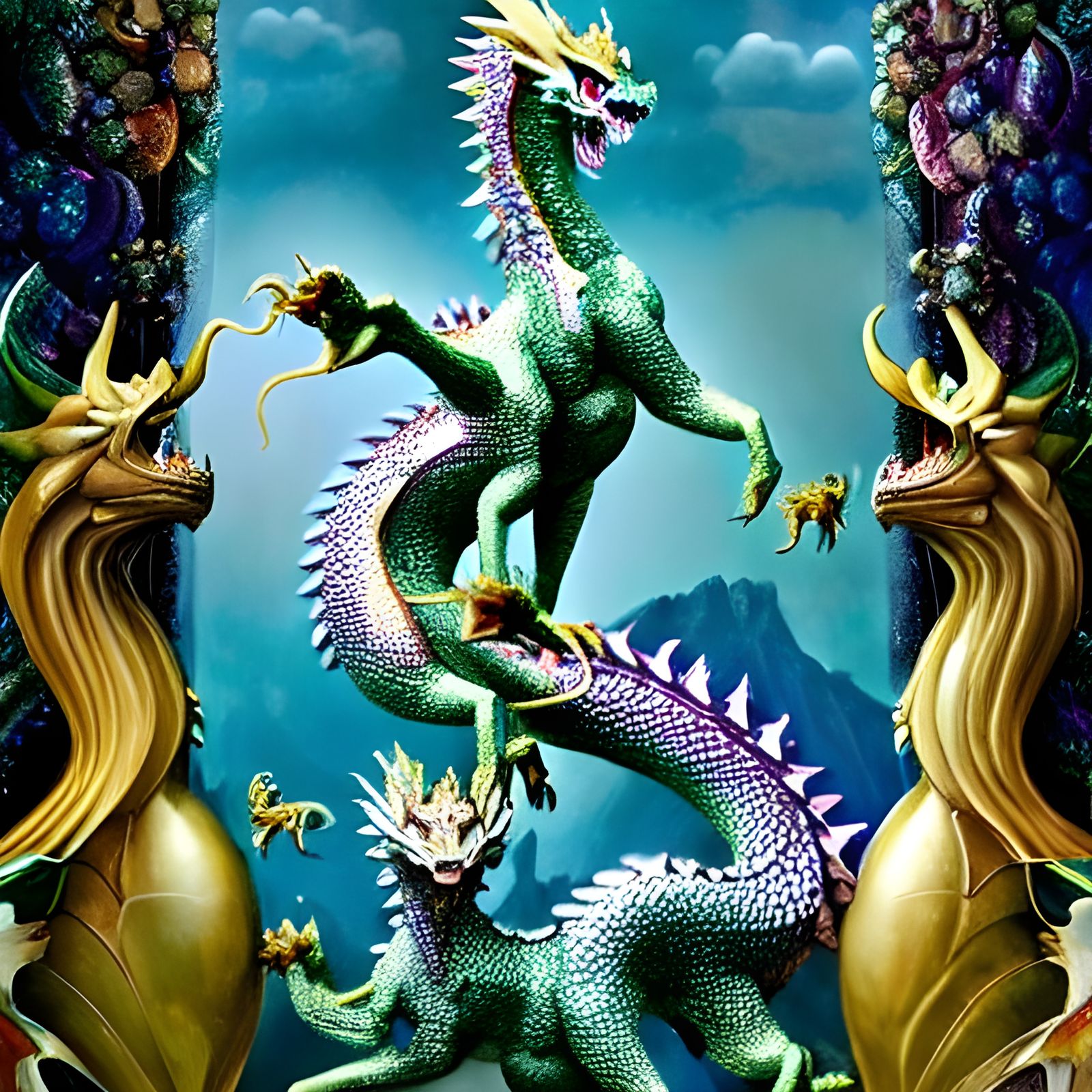 Majestic Crystal Dragon Family in Art Nouveau Style