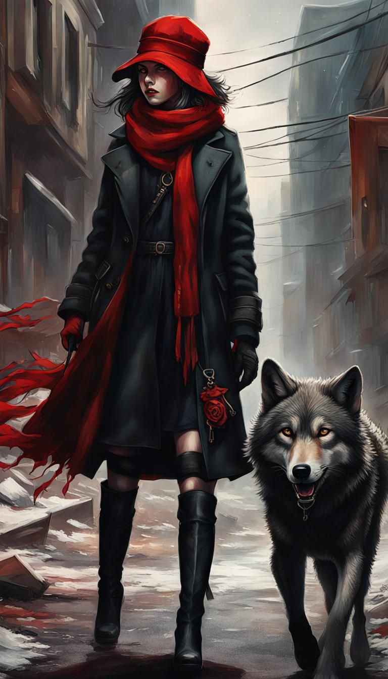 Girl and Wolf in War-Torn Street: Hyperrealistic Art
