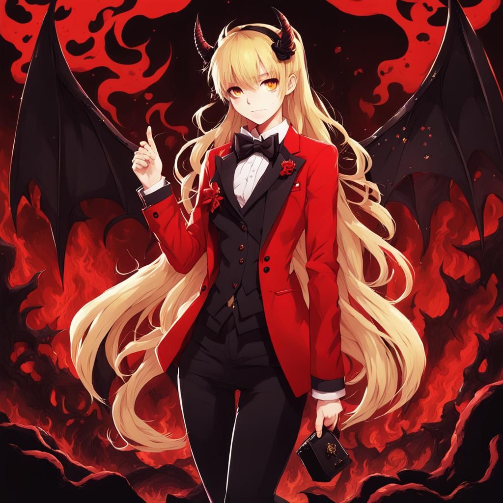 Blond Girl as Princess of Hell in Red Suit