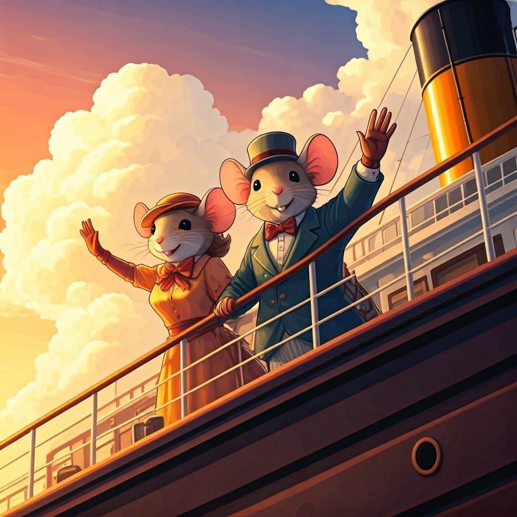 Romantic Steamship Farewell in Vibrant Comic Book Style
