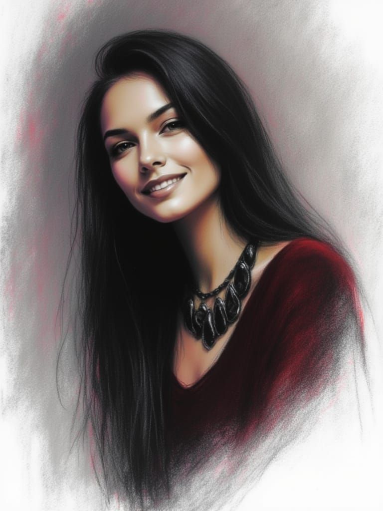 Raven Haired Woman with Mischievous Smile in Charcoal Style