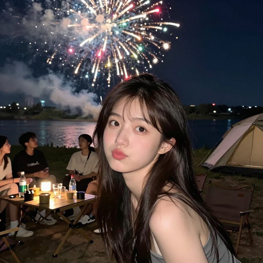 Cute Thai Woman at Night Riverside Camp