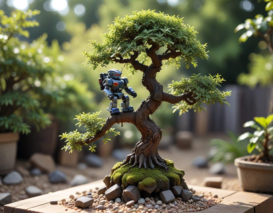 Anime Mecha Climbs Bonsai Tree with Bokeh