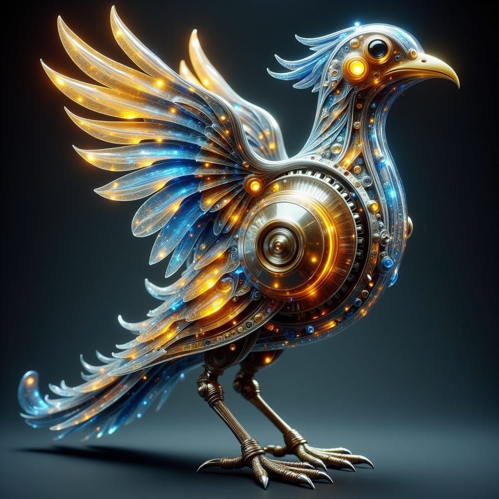 Auric Azure: A Gilded Mechanical Bird in Steampunk Style