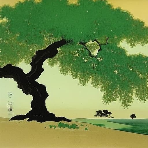 Elm Tree on Desert Beach in Japanese Ink Style