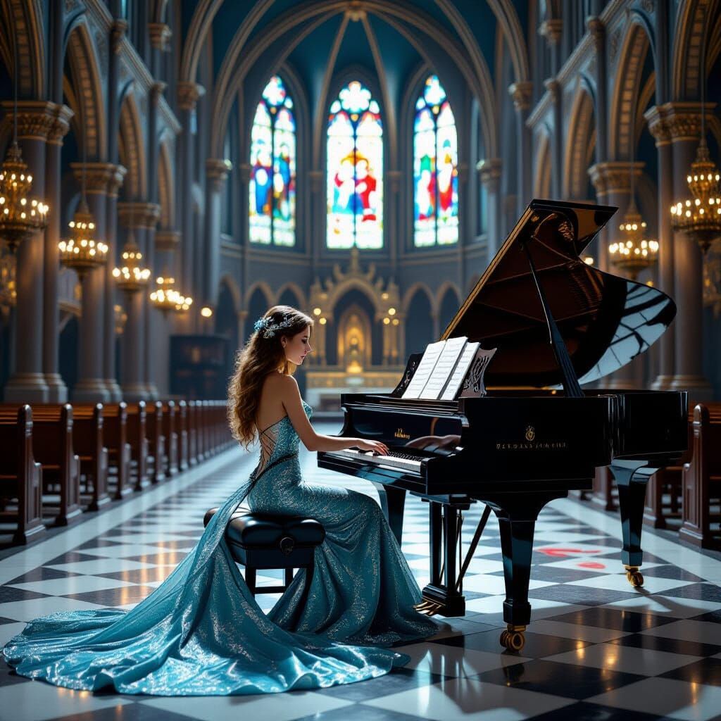 Mermaid Plays Piano in Cathedral, Romantic Style