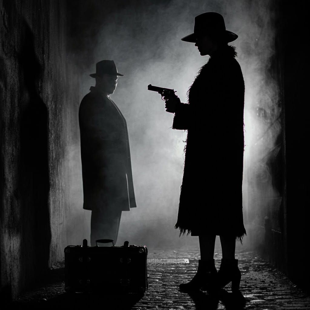 Gritty Film Noir Scene with Deep Shadows and Dramatic Lighti...