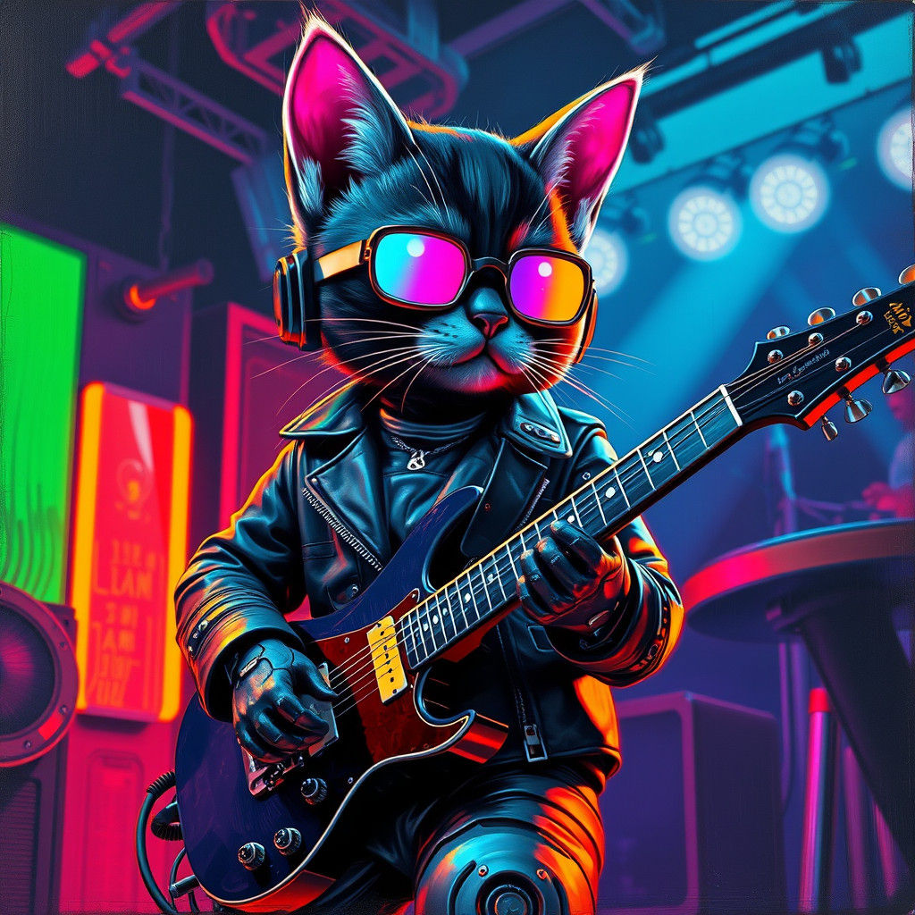 Rockstar Kitten in Fluorescent Prism Oil Painting