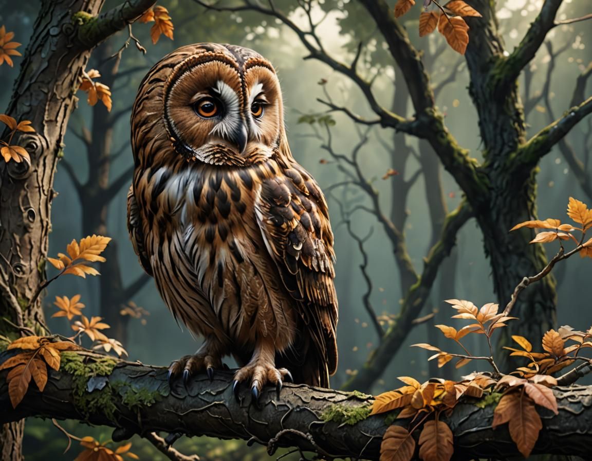 Tawny Owl on Branch in Detailed Matte Painting