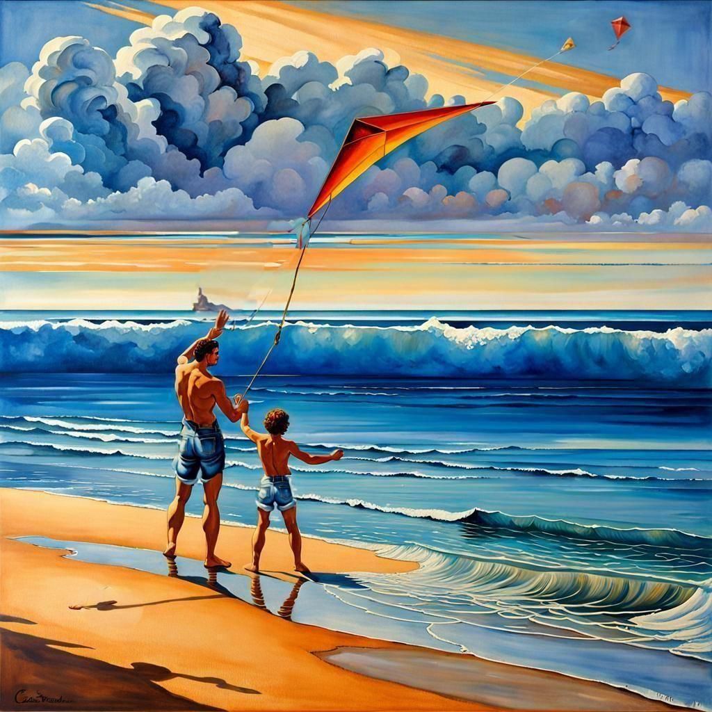Father and Son Kite Launch: Symbolist Watercolor Art