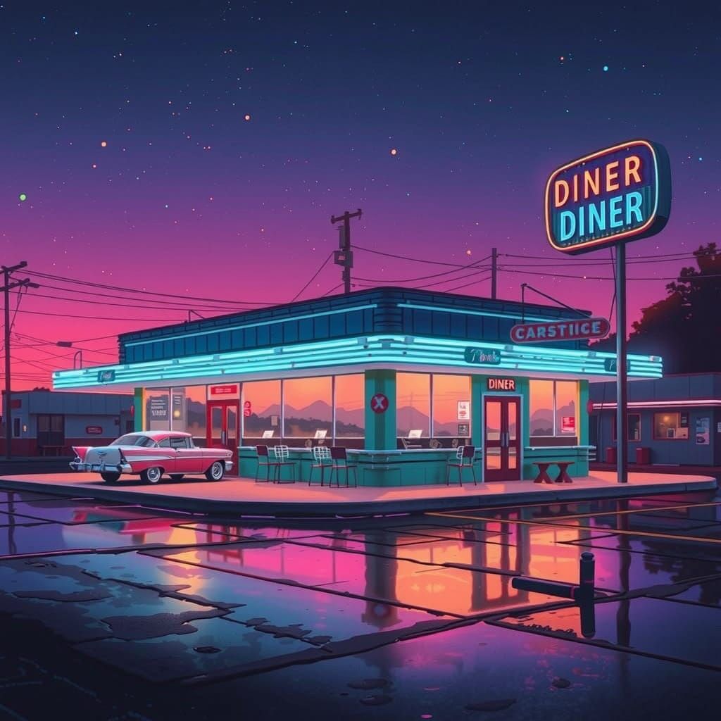 Retro-Futuristic Diner at Dusk in American Realism