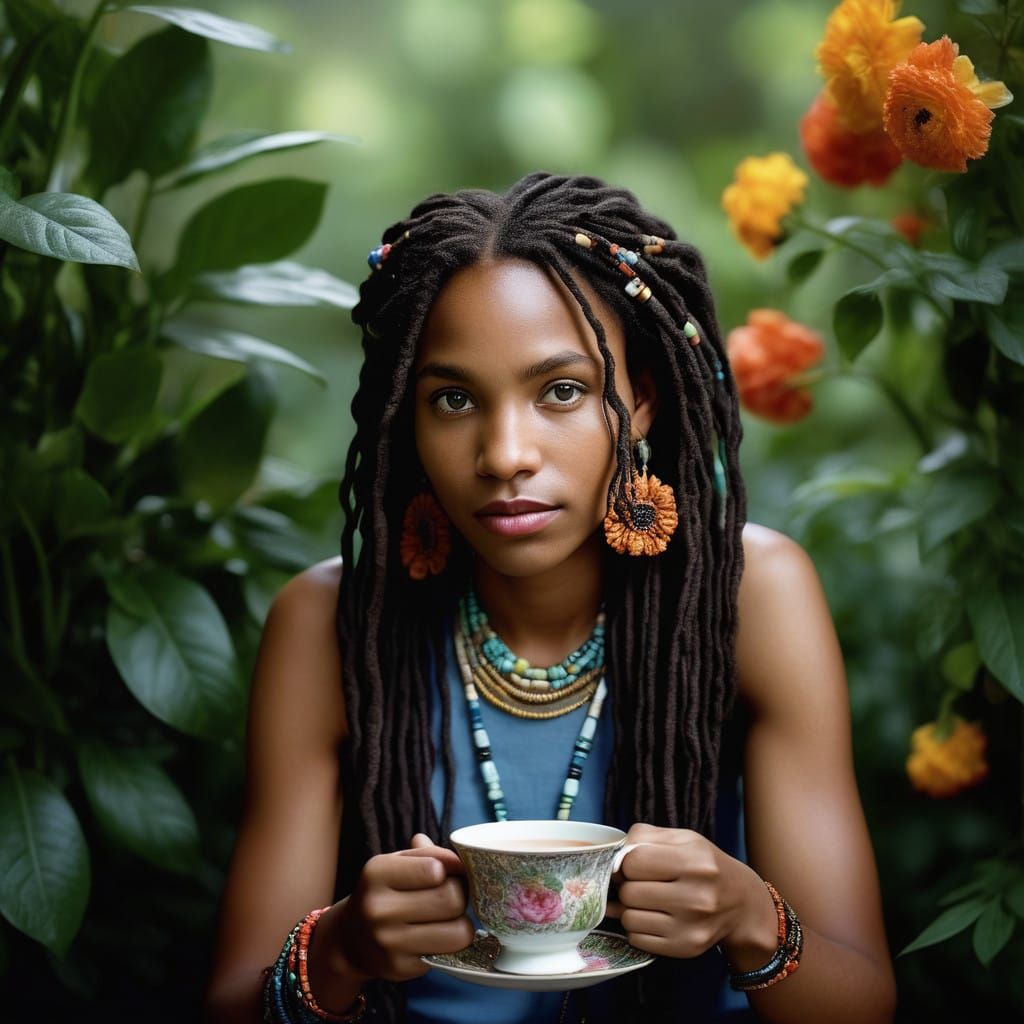 African American Woman in Boho Chic, Surrounded by Lush Gree...