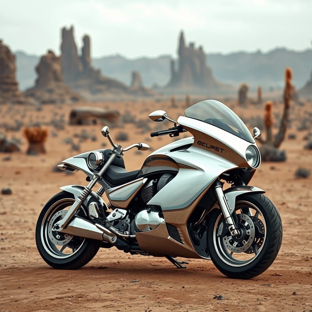 Futuristic Motorcycle in Alien Desert Landscape