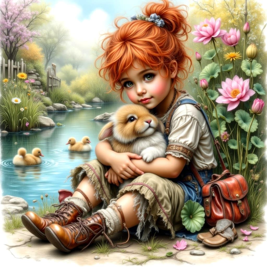 Girl with Red Hair Holds Bunny by Lotus Pond