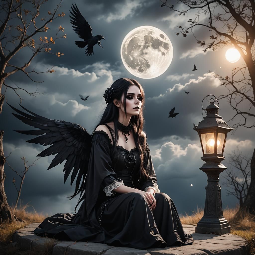 Goth Girl with Wings Under Moonlight