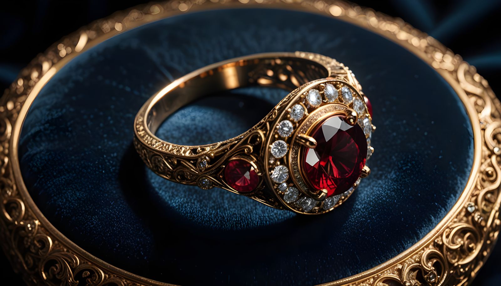 Luxurious Elfin Ring on Velvet Cushion, 8K Realism