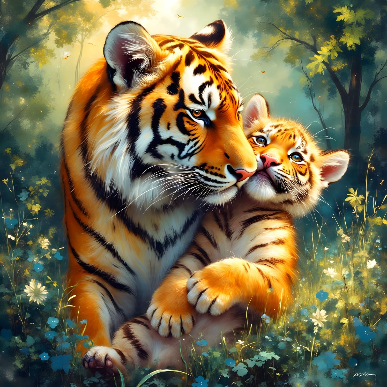 Mother Tiger Carries Her Cub in Her Mouth in a Vibrant Jungl...