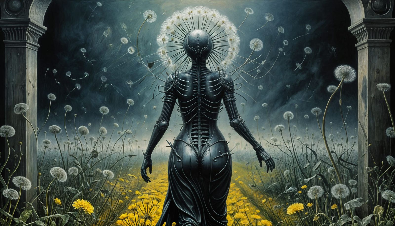 Surreal Dandelions in Whimsical Oil on Wood Painting