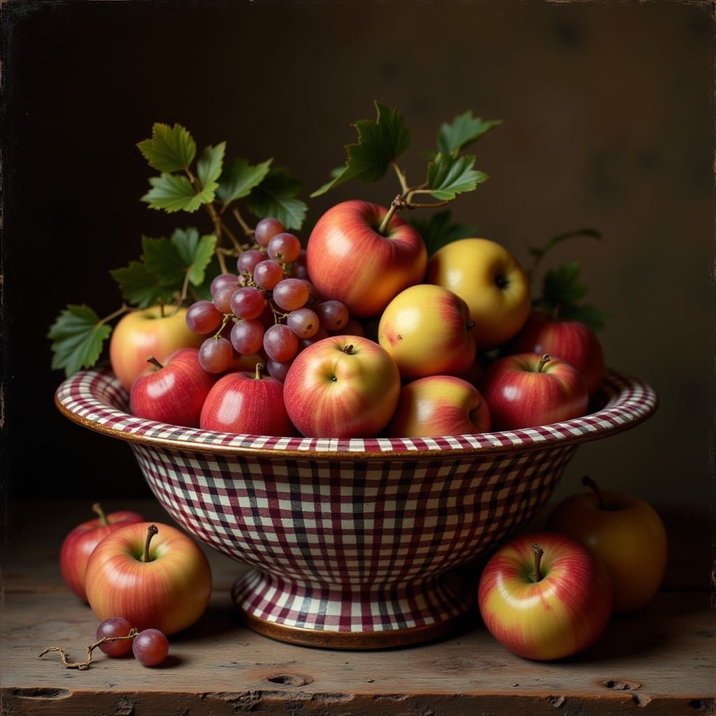 Gingham Bowl of Fruit in Dutch Masters Style