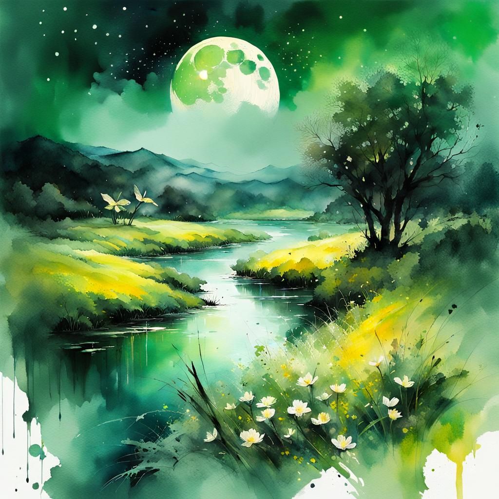 Lush Moonlit Landscape Illustration in Watercolor Style