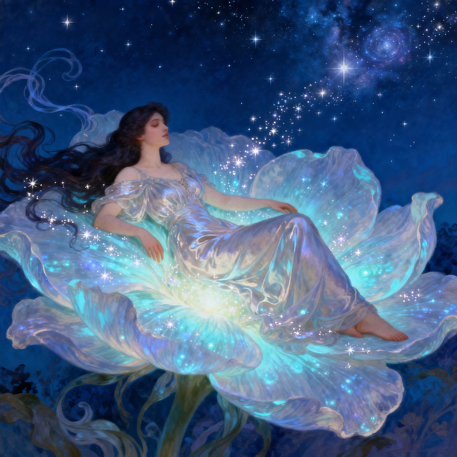 Ethereal Woman on Bioluminescent Flower Under Starry Night