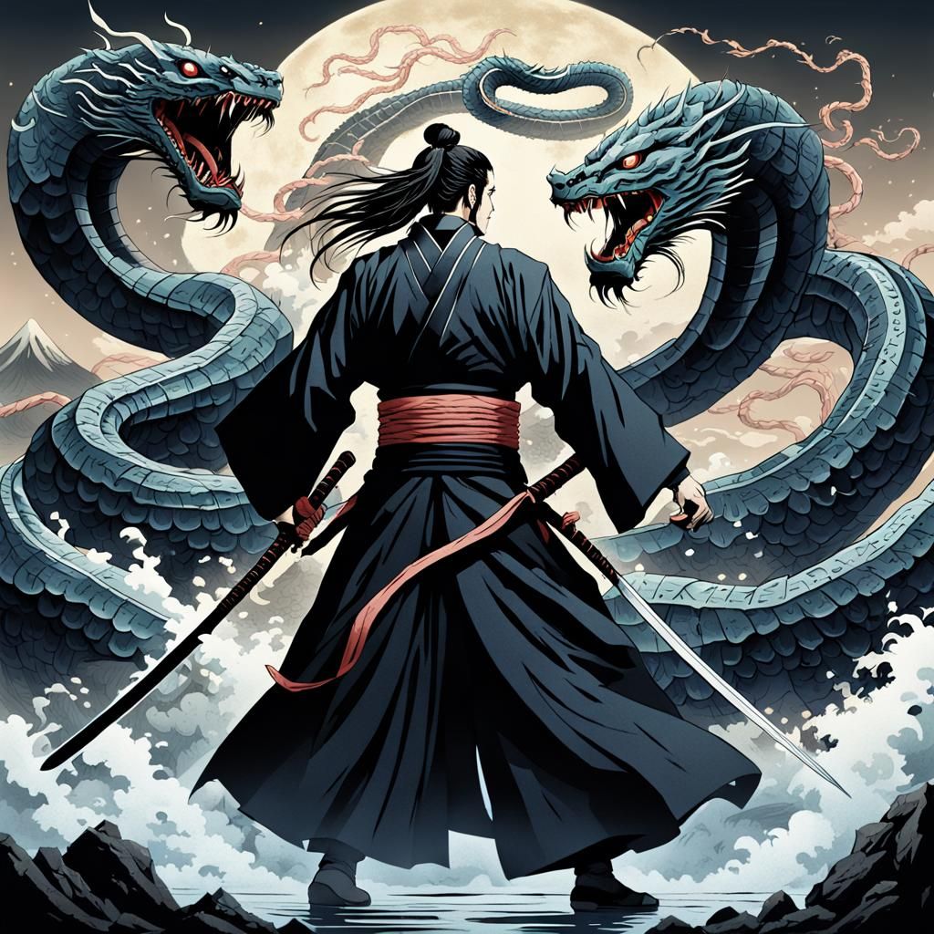 Susano-o vs Eight-Forked Serpent in Digital Art
