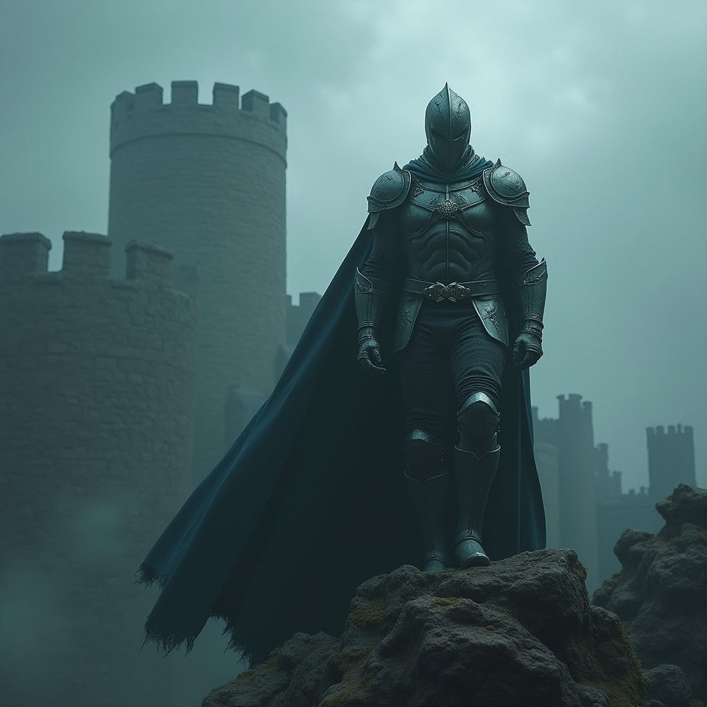 Medieval Superhero Overlooks Ominous Fantasy Landscape