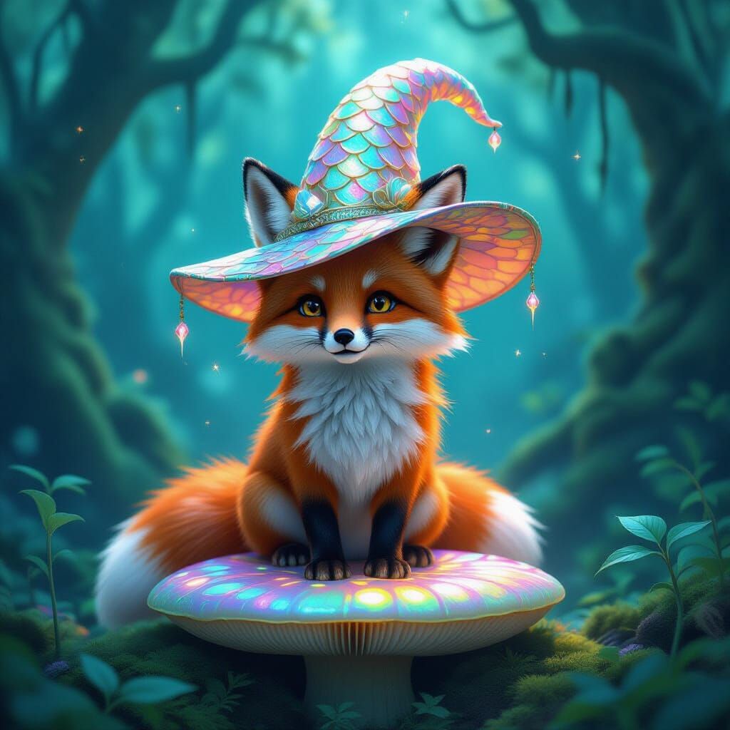 Anthropomorphic Fox in Iridescent Fish Scale Hat