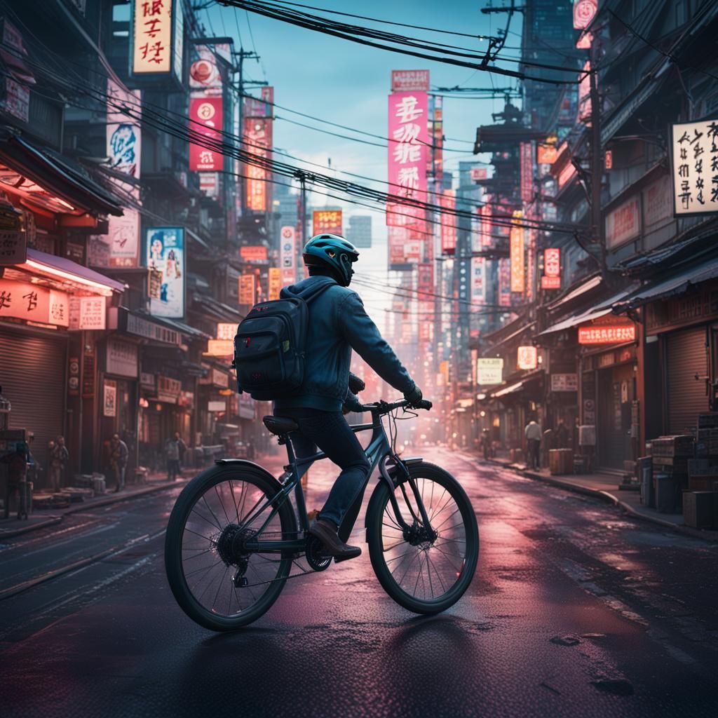 Hyperrealistic Man on Bike in Neon Japanese City