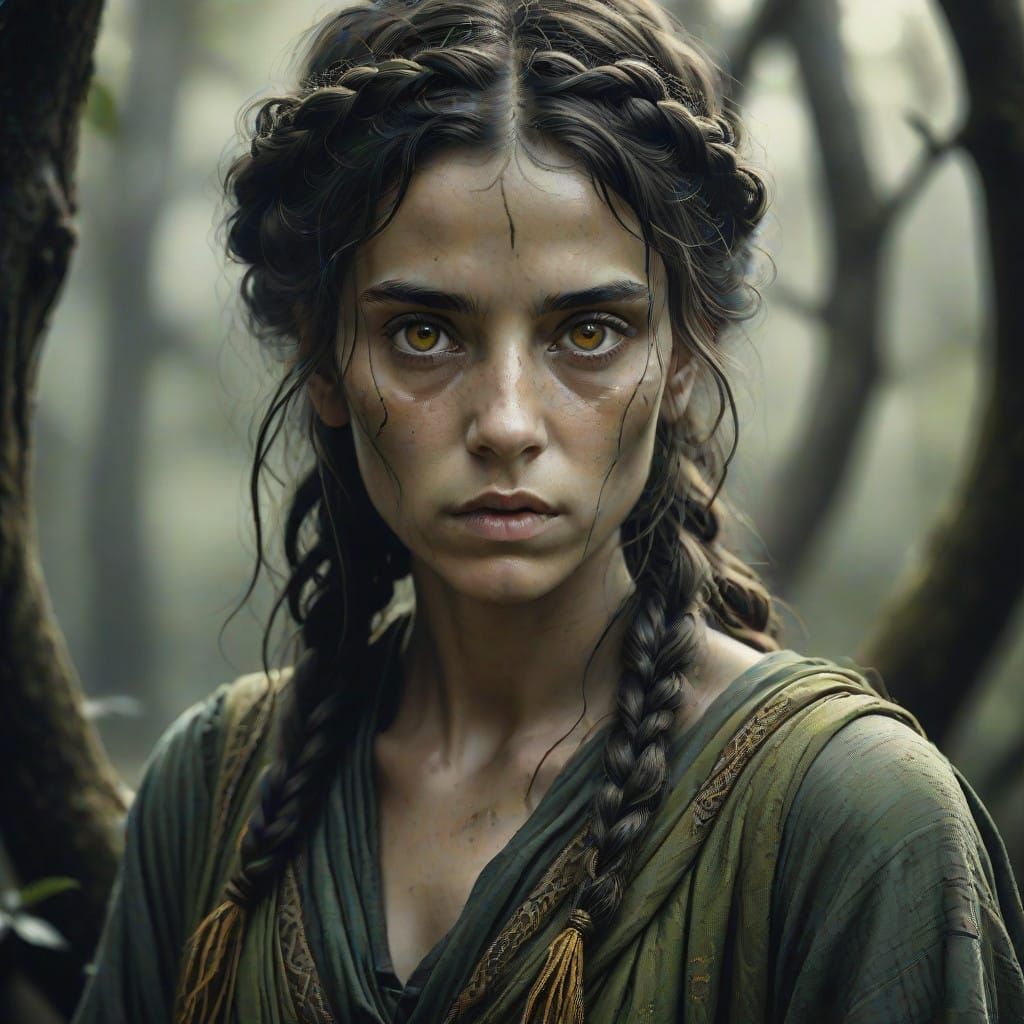 Medieval Sorceress Shrouded in Woodland Mystery in Charcoal...