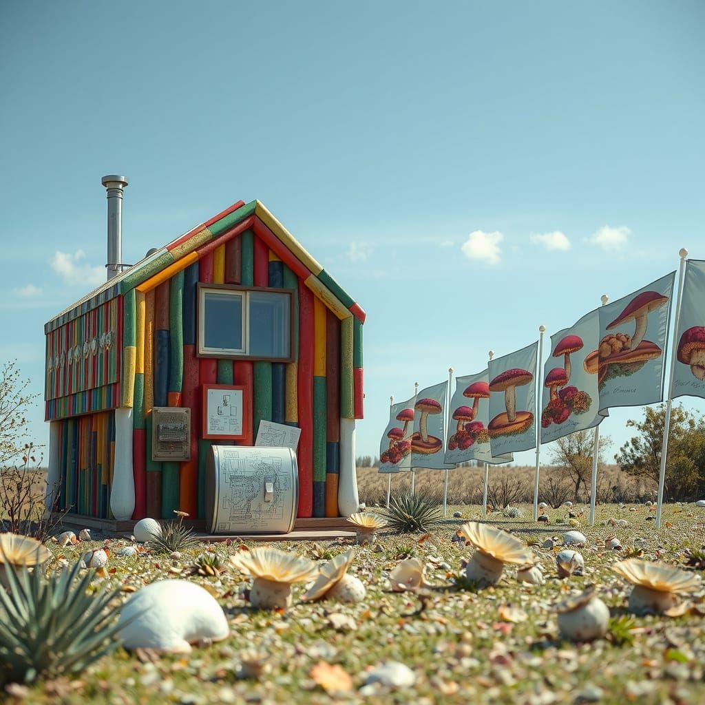Surreal Whimsy: A Hyperreal Cabin Amidst Fantastical Mushroo...