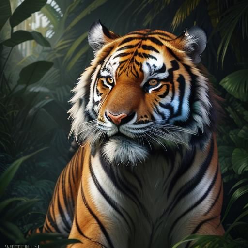 Majestic Tiger in Fantastical Jungle, Detailed Matte Paintin...