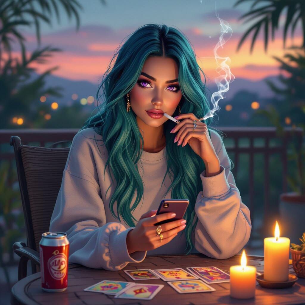 Woman with Teal Hair and Violet Eyes on Patio