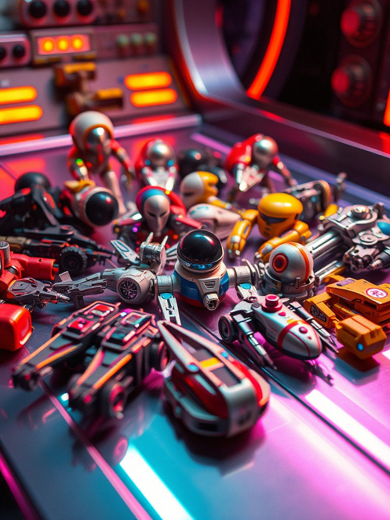Futuristic Toy Collection in Neon Cinematic Lighting