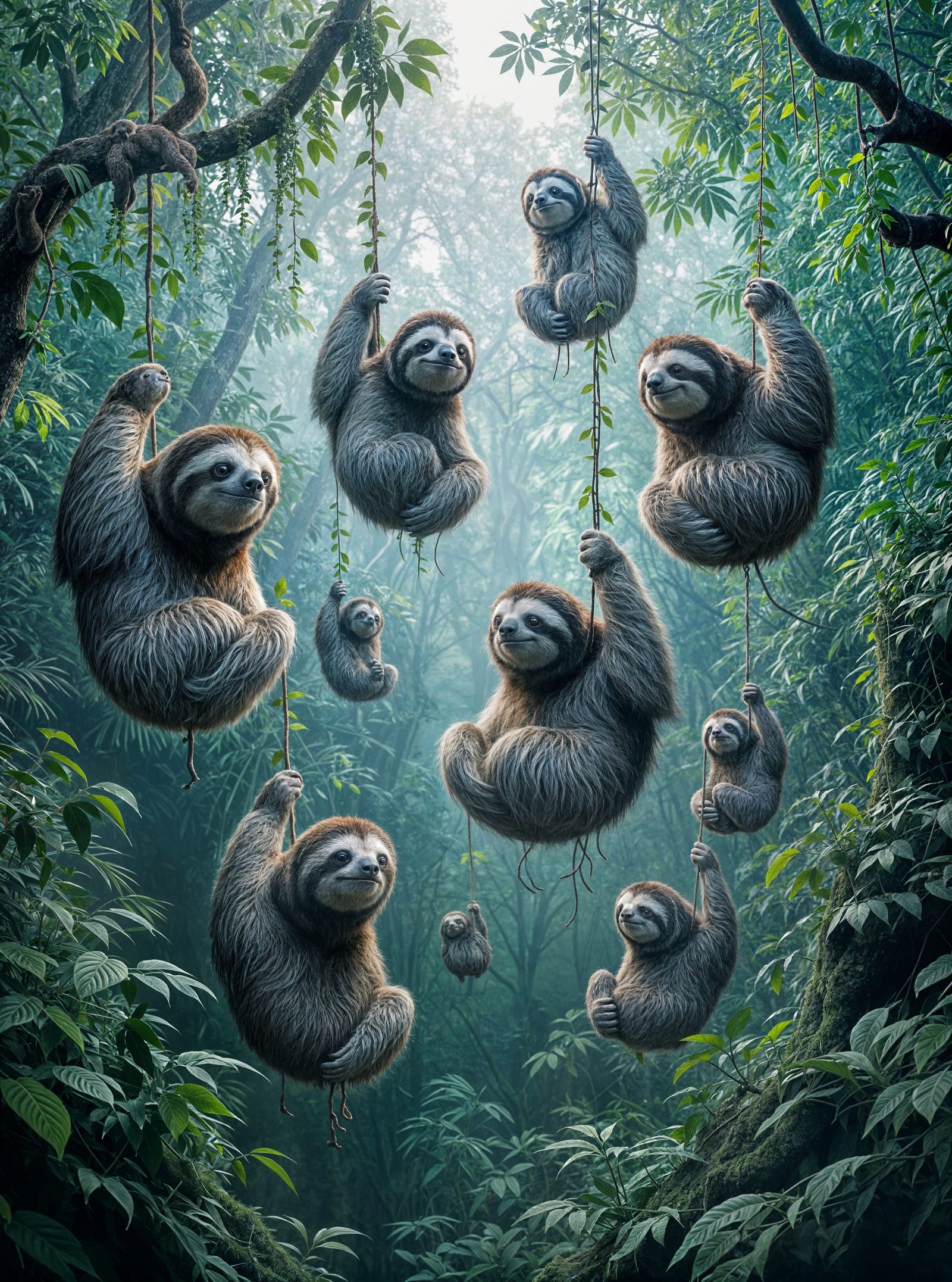 Ten Sloths in a Surreal Optical Illusion with Hidden Jaguars