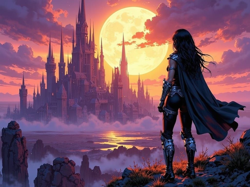 Elf Scout Gazing Upon Ruined City, Dark Fantasy Art