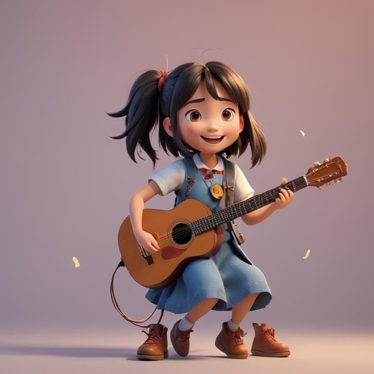 Cute Ghibli Girl Plays Guitar in Cartoon Style