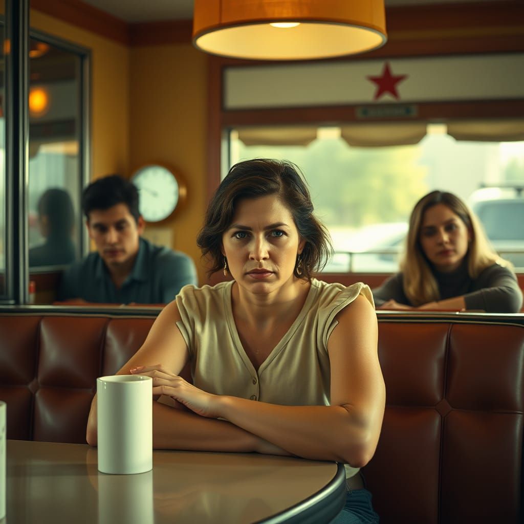 Fatigued Woman Surrounded by Friends in a Vintage Diner