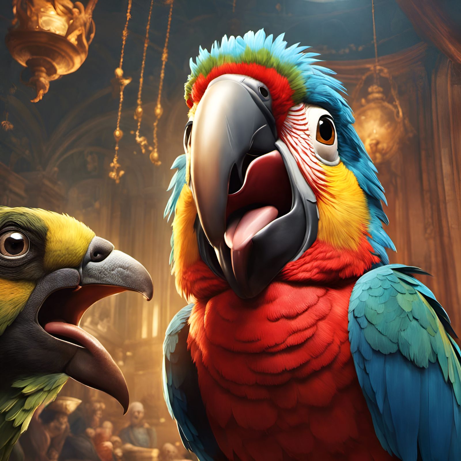 Terrified Cartoon Parrot Portrait in Pixar Style