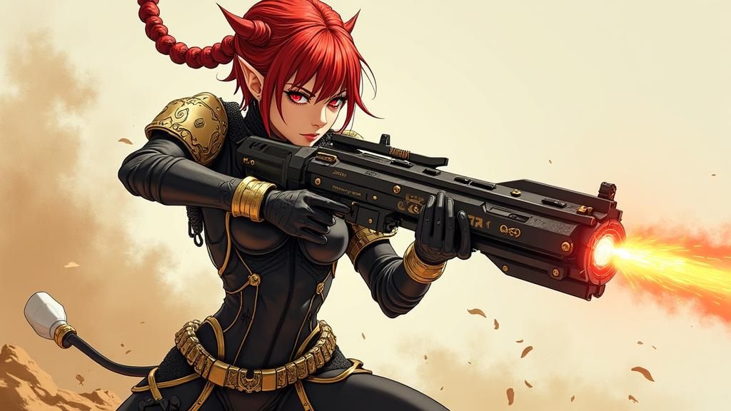 Elf Warrior in Desertpunk Armor with Laser Gun