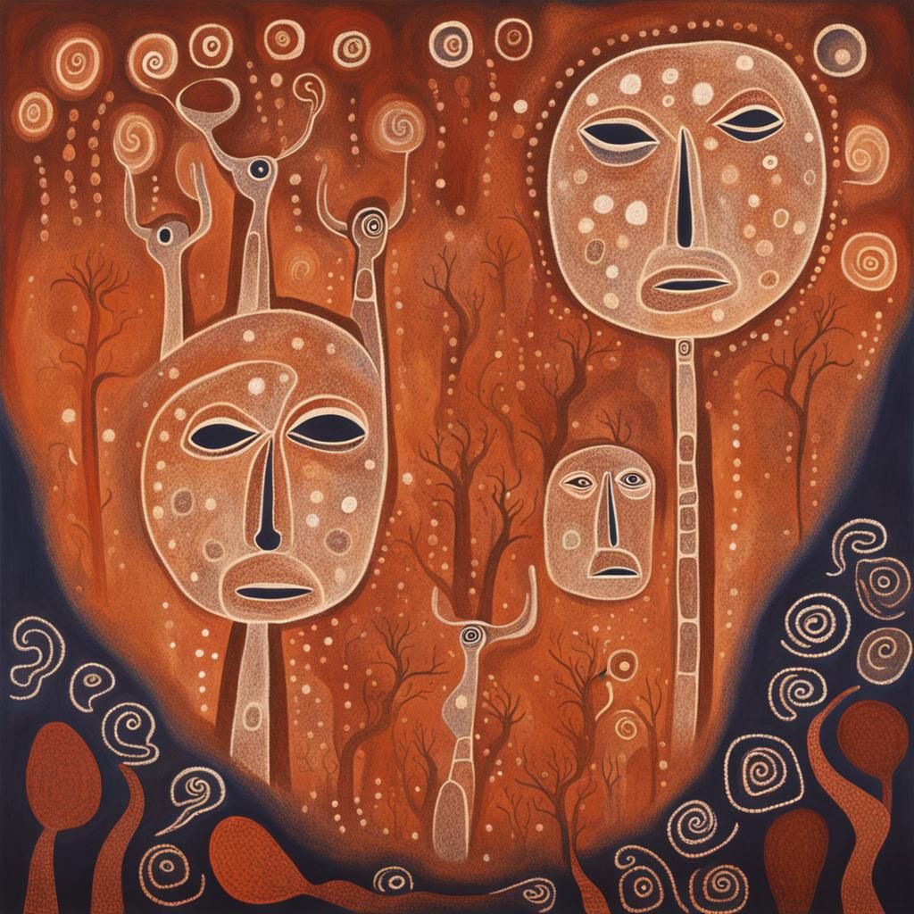 Wandjina Spirits in Aboriginal Rock Art Style