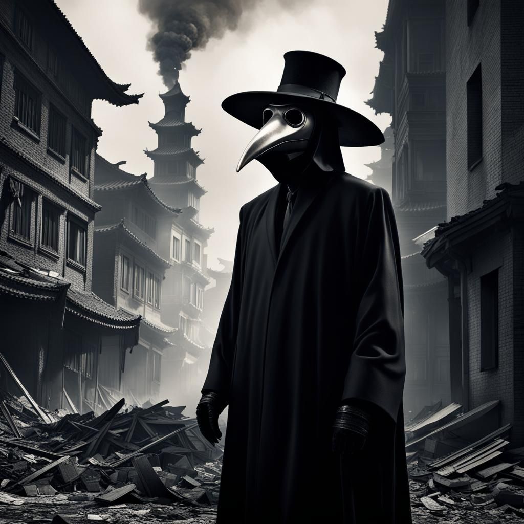 Dystopian Plague Doctor in Collapsed City, 3D Render