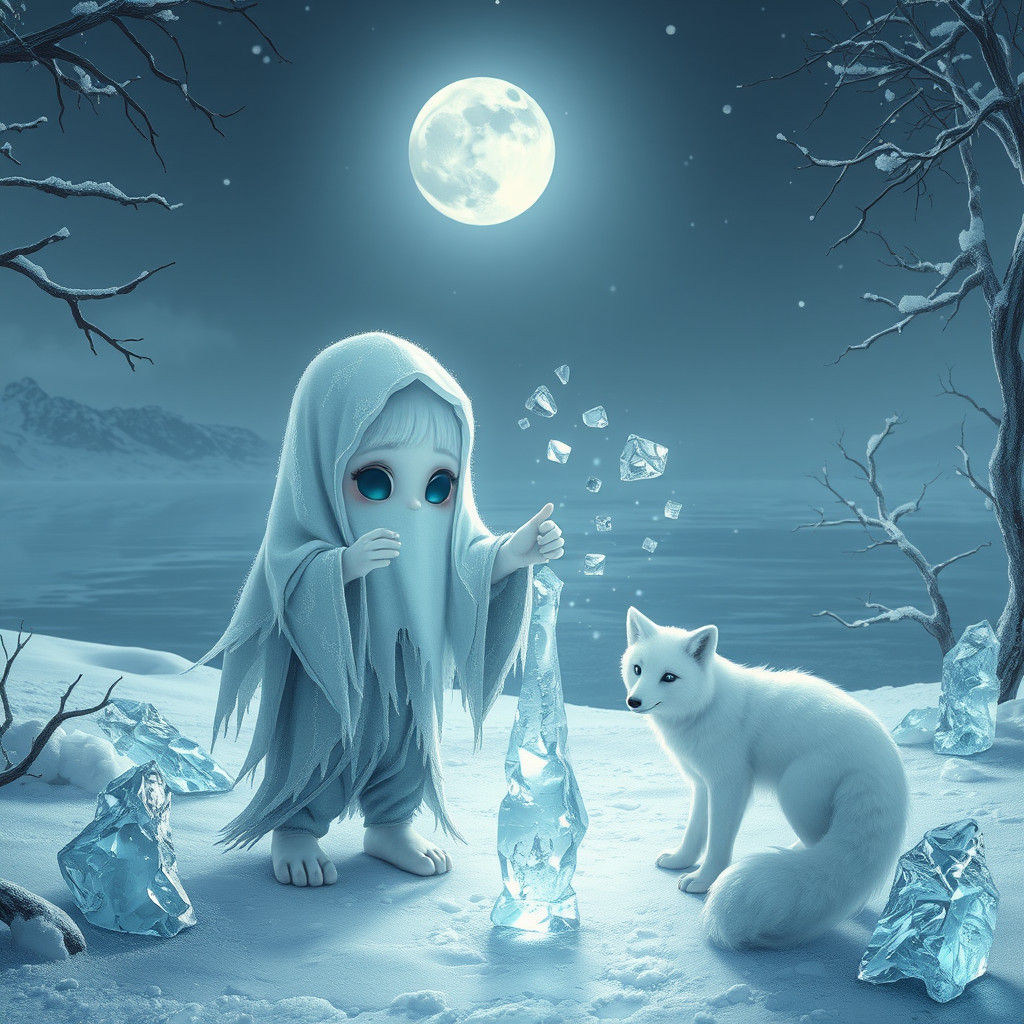 Ethereal Ghost Conjures Ice Magic in Winter Clearing