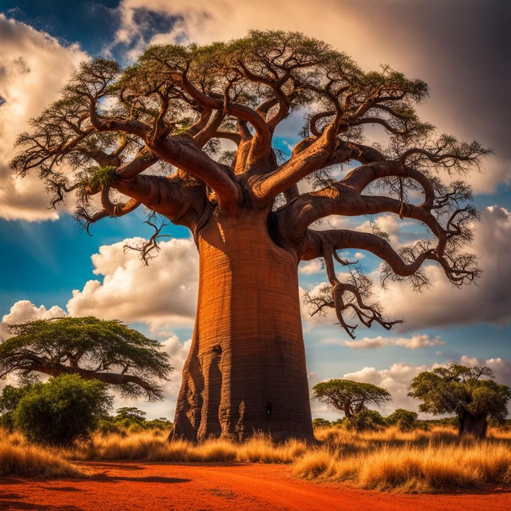 African Baobab Tree in a Vibrant Landscape