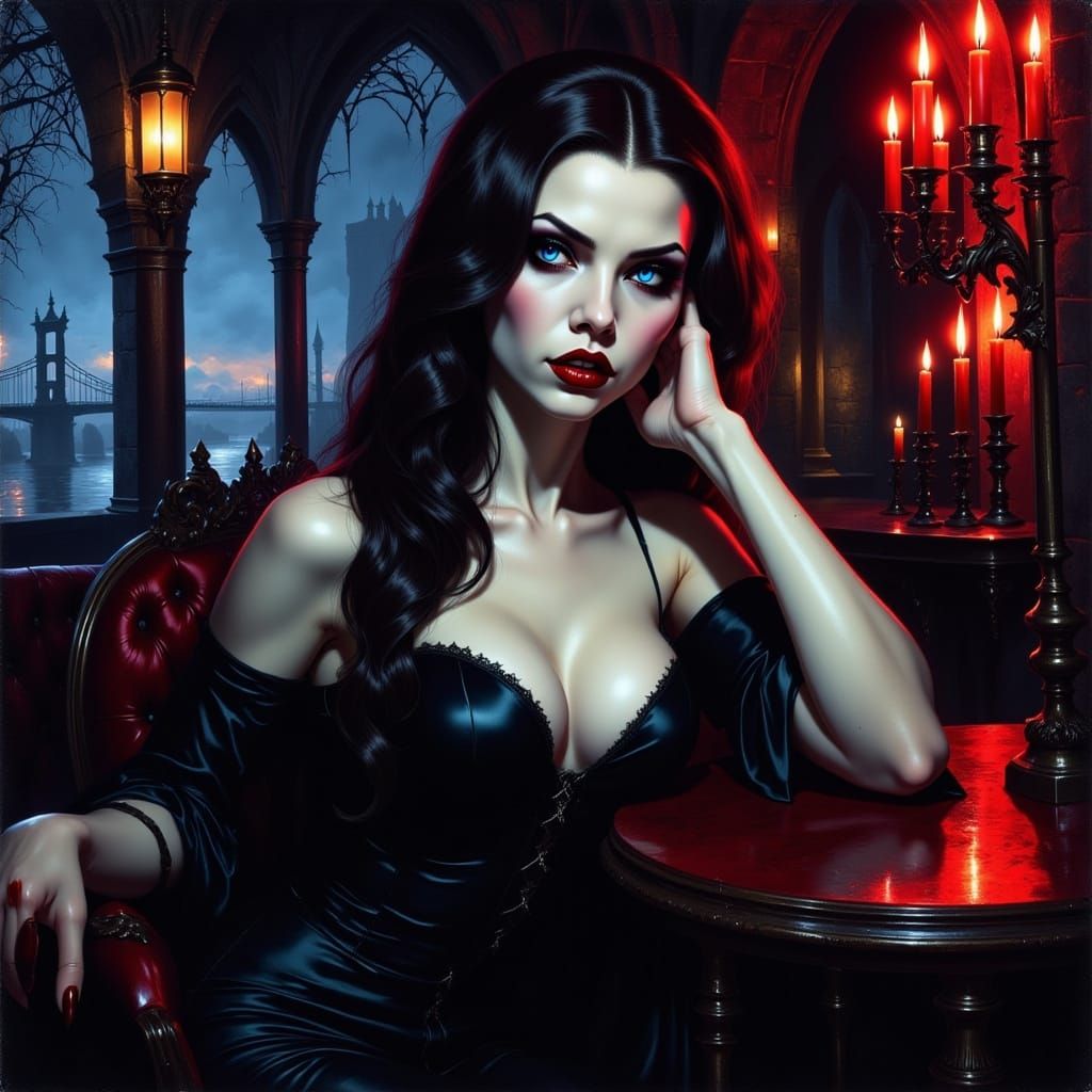 Vampire Woman in Dim Bar, Oil Painting Style