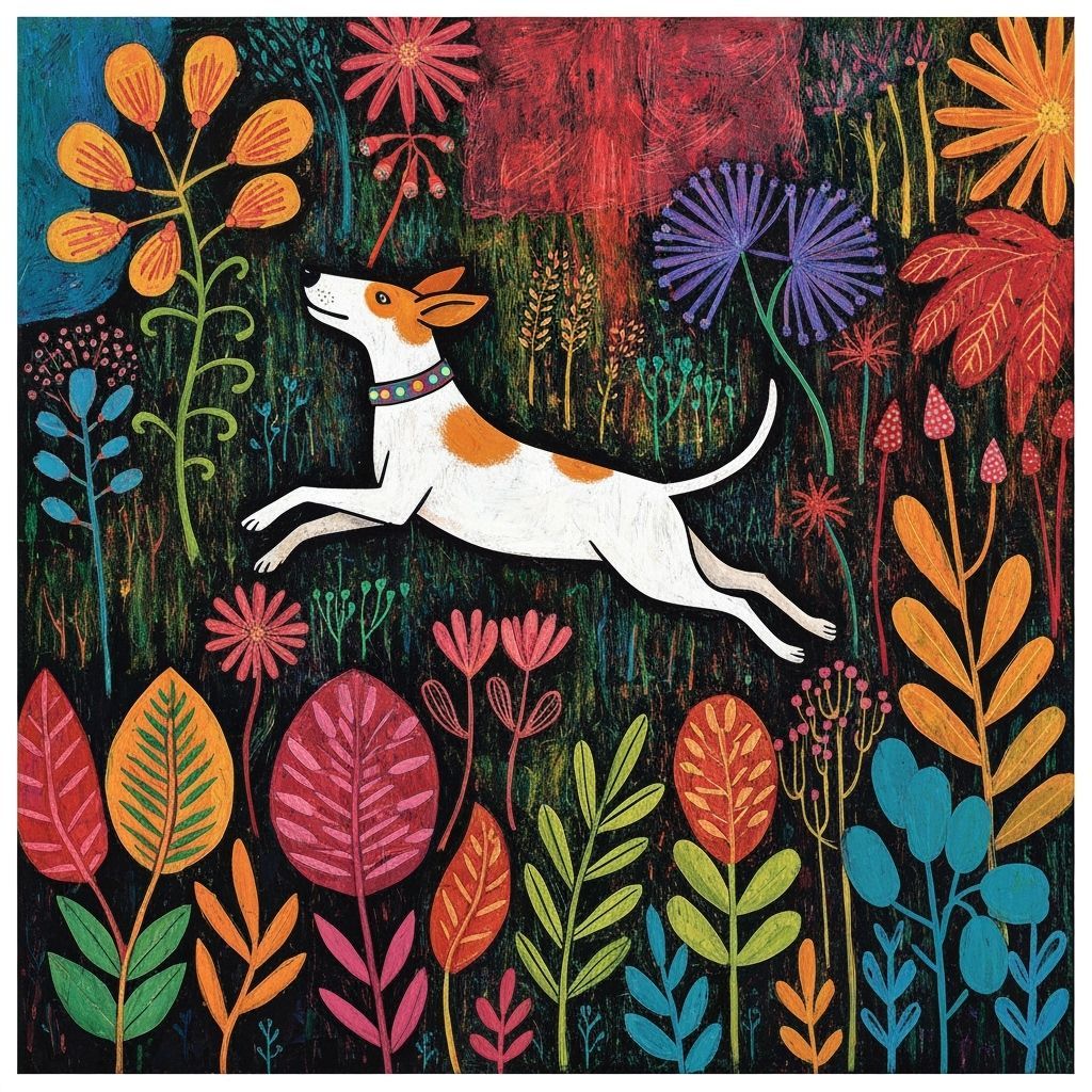 Whimsical Dog in Abstract Botanicals, Naive Style